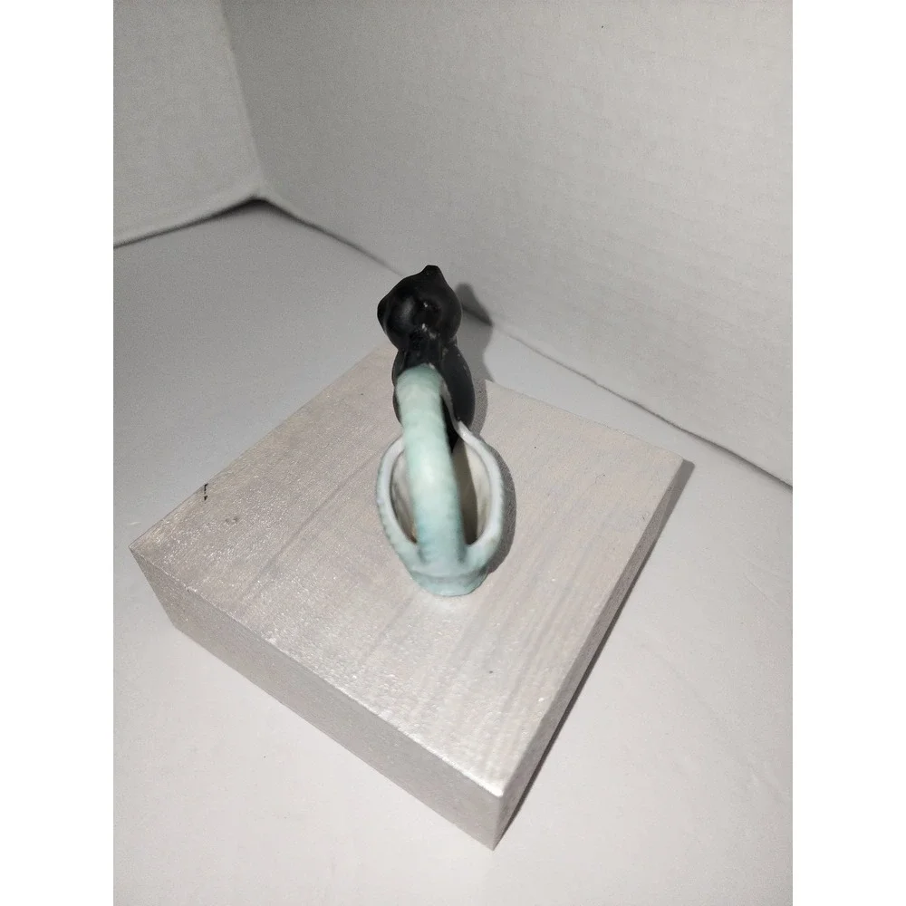 Vintage Occupied Japan tiny Black Cat with Blue Basket‎ Trinket Figure